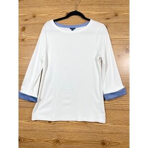 Nautica Boat Neck Top Womens M White 3/4 Sleeve Chambray Cuff Cotton